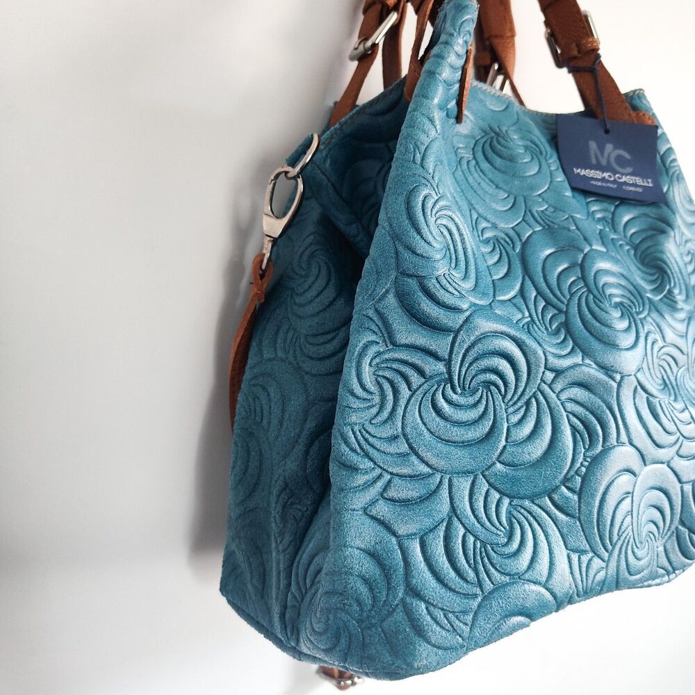 New Massimo Castelli Shoulder Bag Rose Textured Leather Convertible Teal Tan Bag - Picture 4 of 14